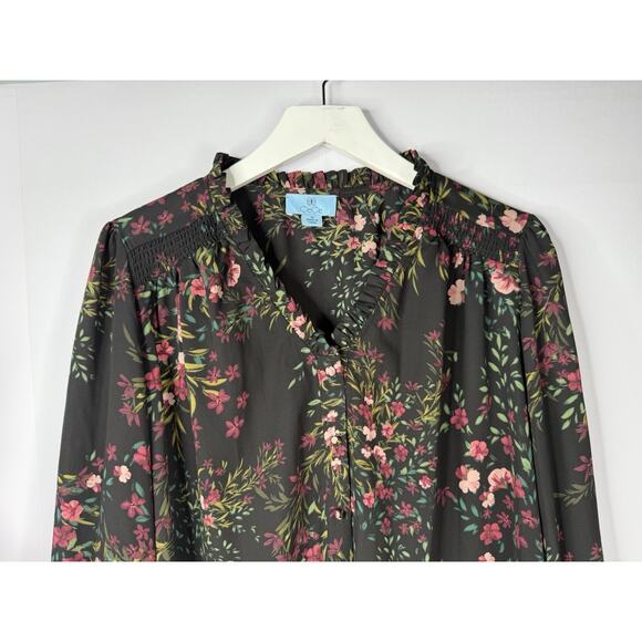 CeCe Button Up Top Womens 1x Dark Floral Romantic Cottagecore Ruffle V-Neck - Picture 2 of 9